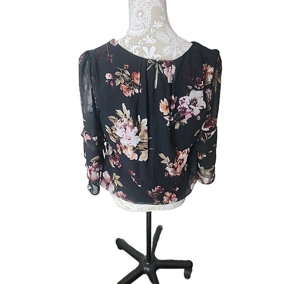 Roz & Ali Top Black Wine Floral 3/4 Ruffle Bell Sleeve Keyhole Petite Medium PM - Picture 3 of 9